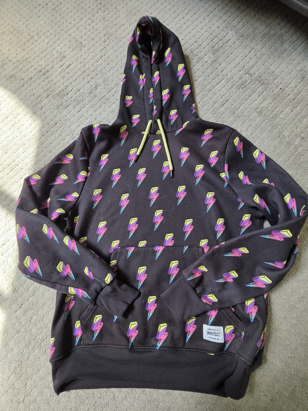 Wesc Black Hoodie with Pink & Yellow Bolt Print